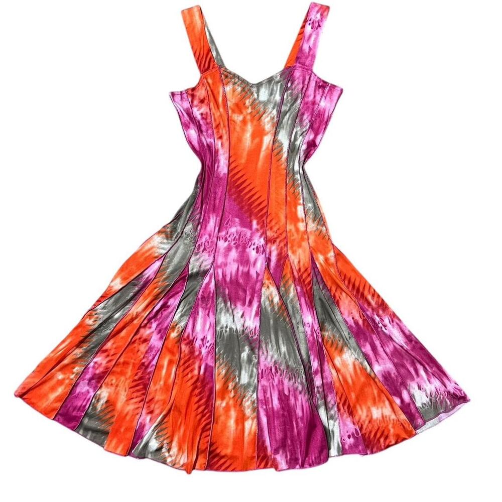 VTG Y2K Tango Mango Fuchsia Pink & Orange Tie Dye Flared Mini Skater Dress S